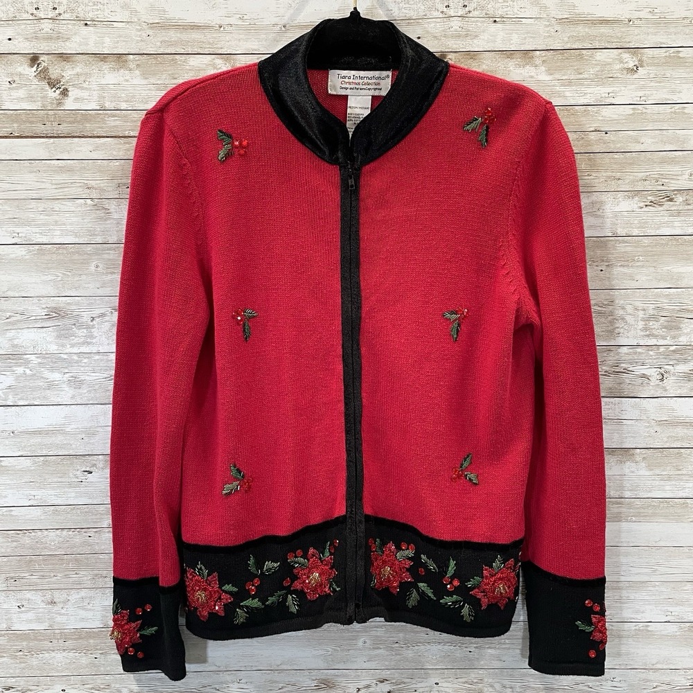 Tiara International Womens M Christmas Sweater Red‎ Zip Christmas Collection - Picture 2 of 10